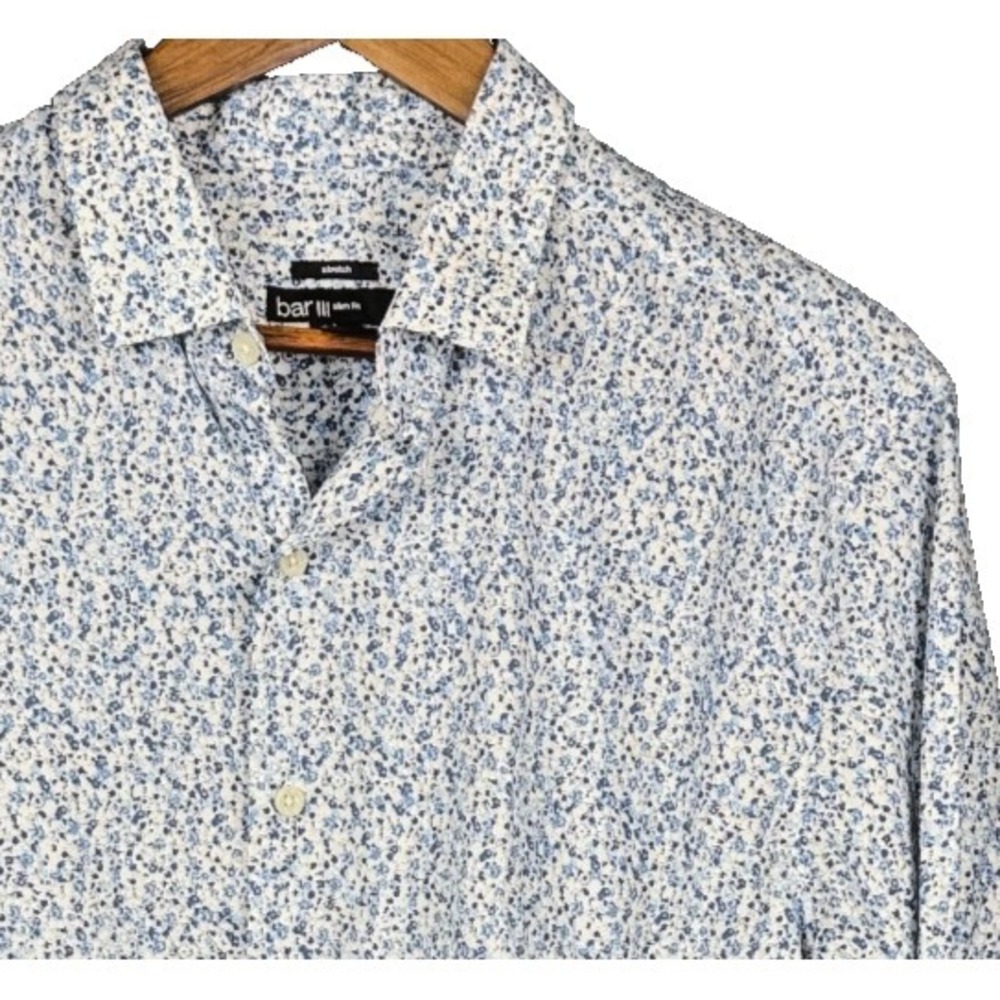Bar III Shirt Large L Long Sleeve Button Up Stretch Slim Fit Floral Blue Mens